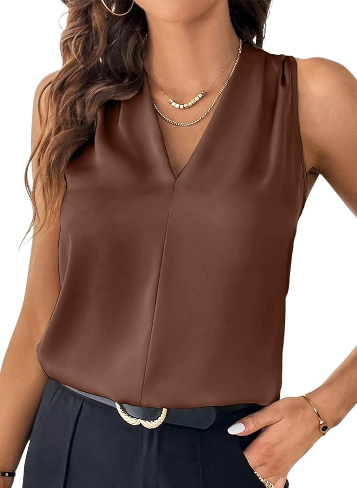 EVALESS Womens Pleated Tank Tops V Neck Casual Sleeveless Blouses Summer Basic Vest Shirt | Amazon (US)