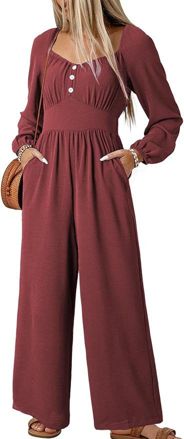 Dokotoo Jumpsuits for Women 2025 Fall Long Sleeves Square Neck Button Decoration Rompers Overalls... | Amazon (US)