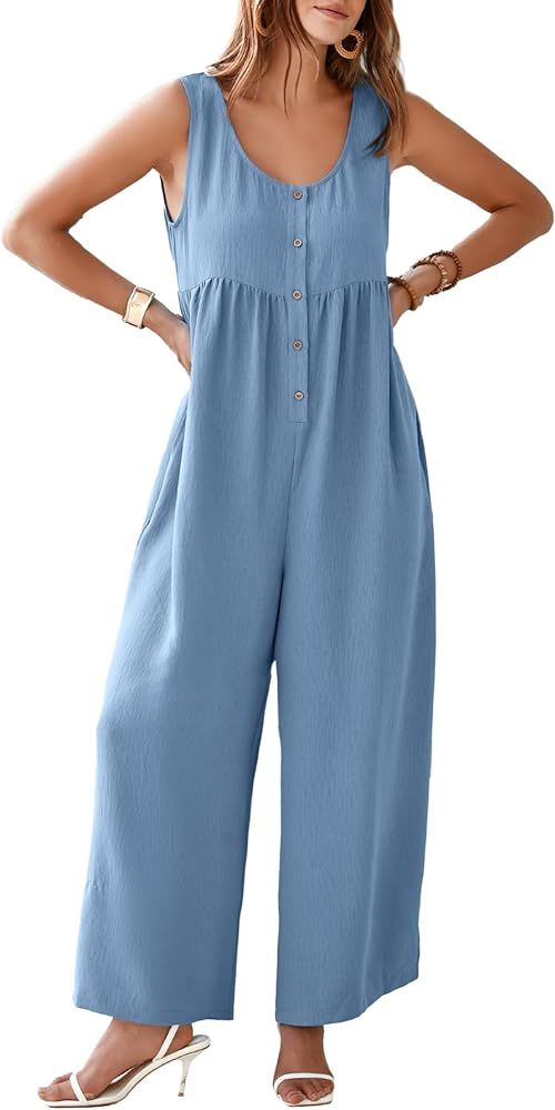 Glamaker Women's Casual Summer Sleeveless Jumpsuits Button Up Wide Leg Pant Romper Baggy Overalls... | Amazon (US)