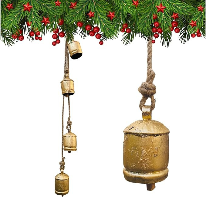 Shabby Chic Gold Christmas Bells 4 Hanging Iron Bells Vintage Style Rustic Cow Bells Metal Tibeta... | Amazon (US)