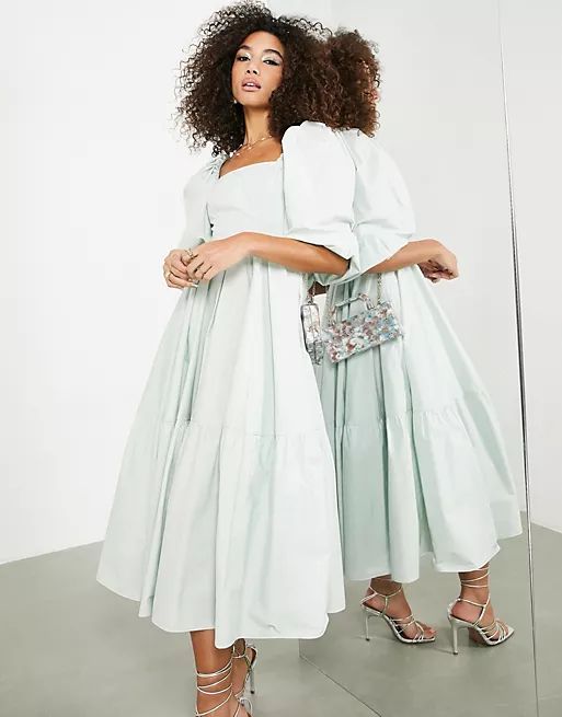 ASOS EDITION waisted midi dress with tiered hem in sage green | ASOS (Global)