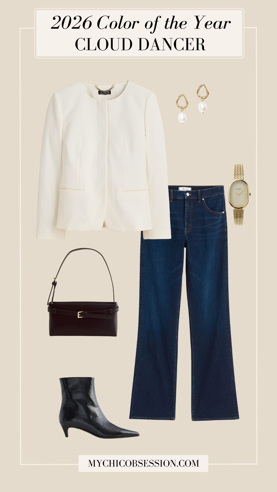 Style Cloud Dancer in 2026 by pairing a chic lady jacket with dark-wash jeans, a gold watch, pearl and gold earrings, a belted handbag, and black leather ankle boots. 

 #LTKSeasonal #LTKWorkwear