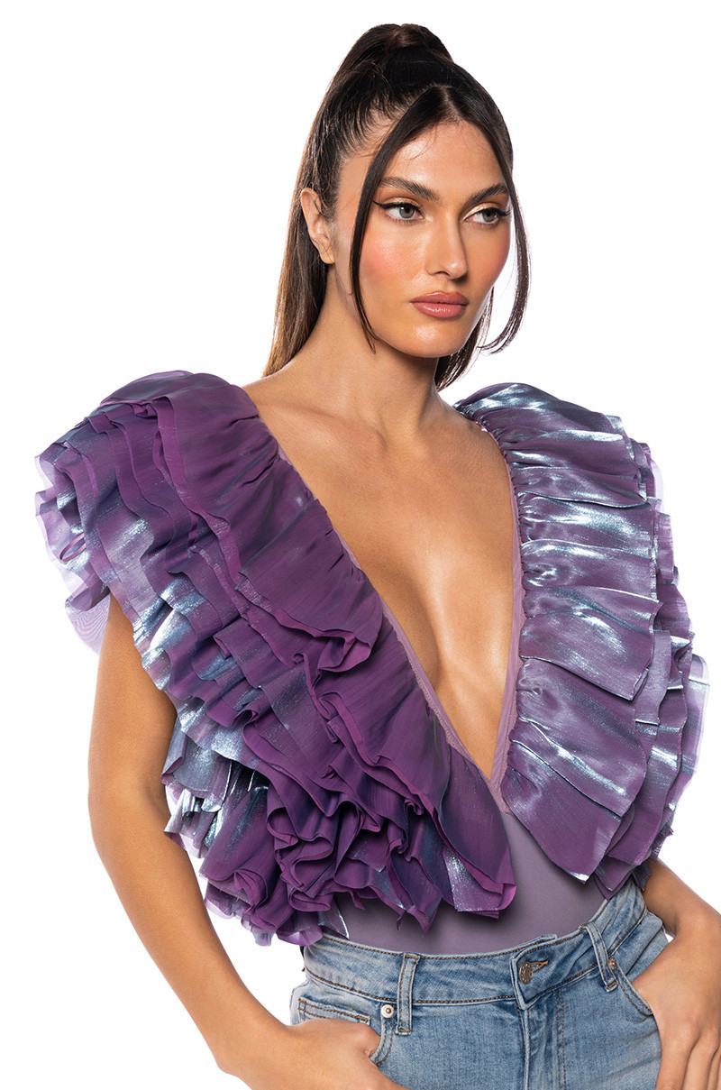 ROMANTIC RUFFLED BODYSUIT IN PURPLE | AKIRA