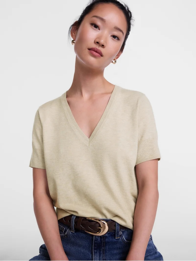 Scenario Women's V-Neck Lightweight Sweater with Short Sleeves, Sizes XS-XXXL | Walmart (US)