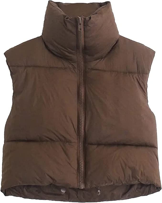 Kissonic Women's Padded Down Vest Puffer Stand Collar Zip Up Crop Sleeveless Jacket | Amazon (US)