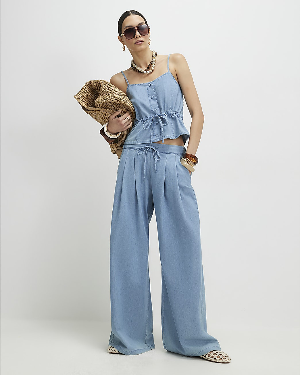 Blue Denim Look Drawstring Wide Leg Trousers | River Island UK & IE