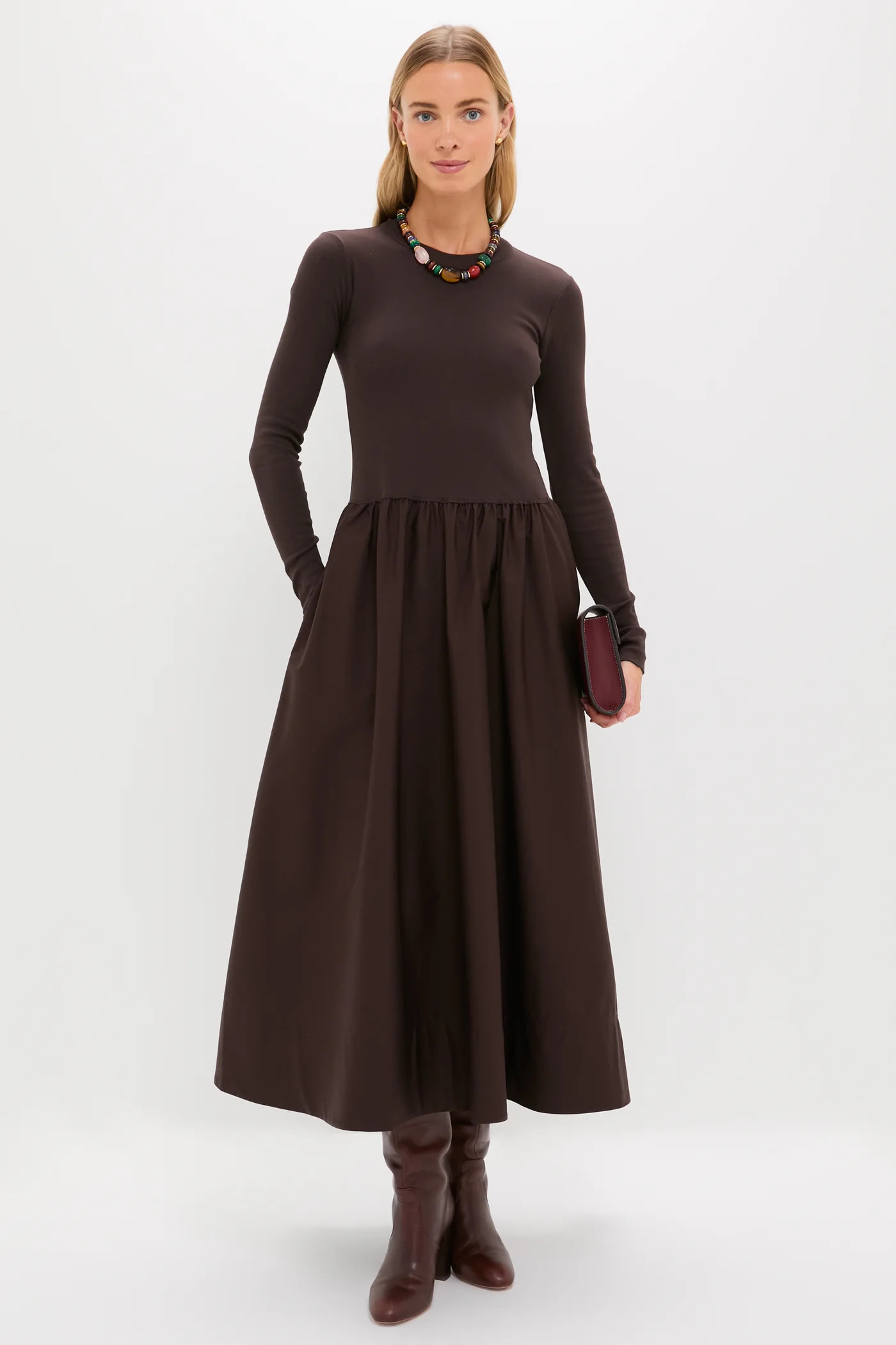 Squire Brown Rib Knit Crew Neck Long Sleeve A-Line Dress | Tuckernuck (US)
