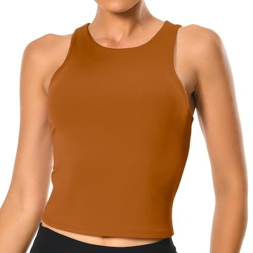 Colorfulkoala Women's Tank Tops Body Contour Sleeveless Crop Double Lined Yoga Shirts(XL, Brown) | Amazon (US)