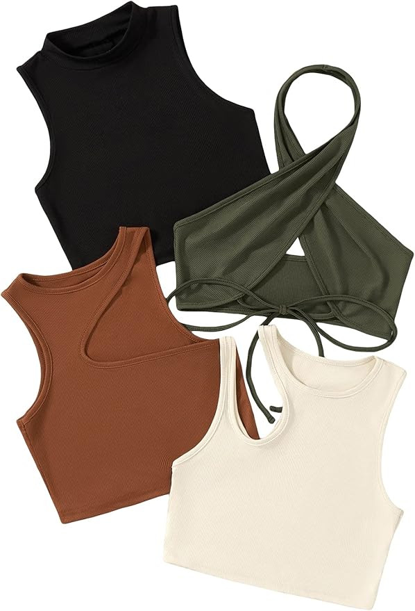 Milumia Women's 4 Piece Casual Solid Ribbed Knit Sleeveless Slim Fit Crop Tops Set | Amazon (US)