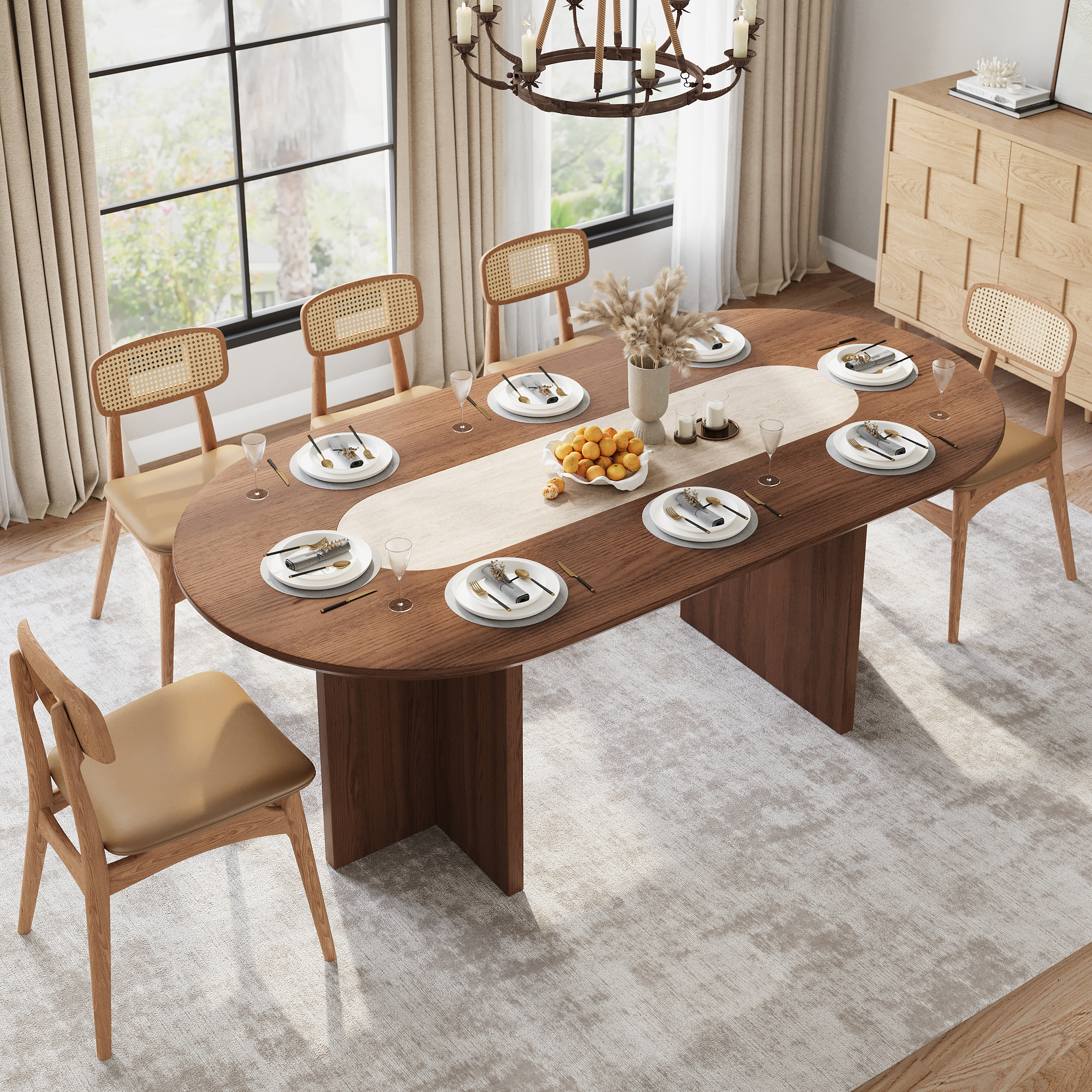 Mid-Century Oval Dining Table with Faux Marble Top and Plywood Base for 8 People Modern | Homary