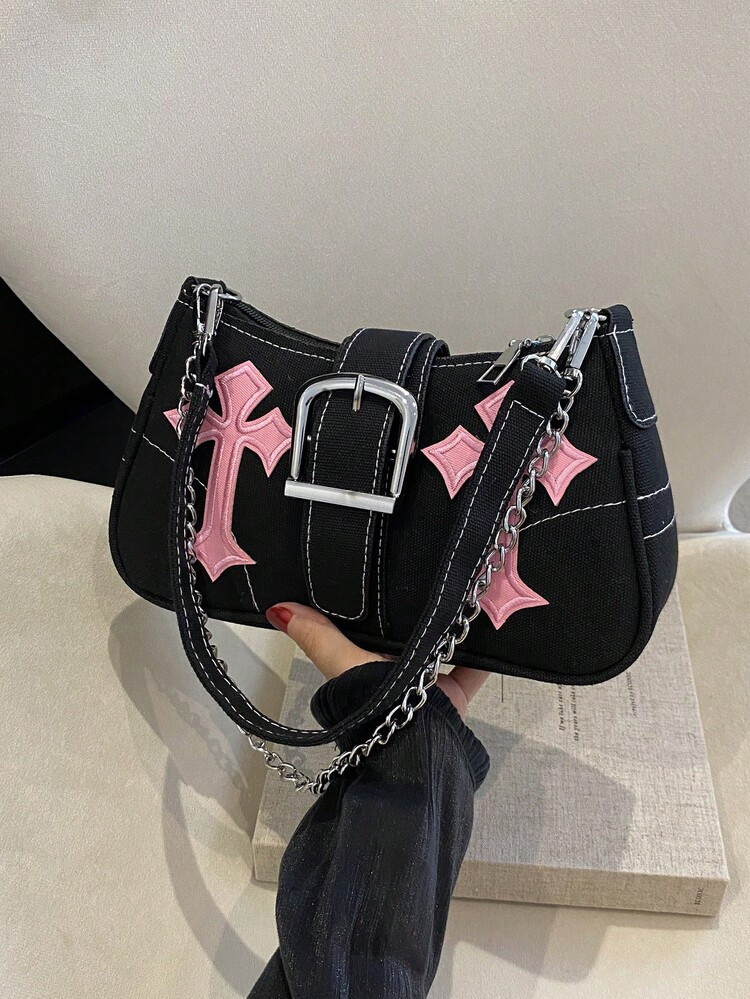 Women's Star Pattern Y2K Shoulder Bag, Simple Large Capacity Tote Bag Travel Storage Bag, Hot Girls Clutch Evening Bag Banquet Square Handbag & Satchel Purse For Wedding Party Prom, Women's Chain Decor Underarm Bag Casual Phone Coin Bags, Niche Design, Steampunk, Goth,Bag For Women, Cool Girls Street Wear,Perfect For Music Festival, Concert, Rock Style Bag For Women, Halloween Purse Perfect For Fancy Party Halloween Fashion & Gothic Fashion | SHEIN