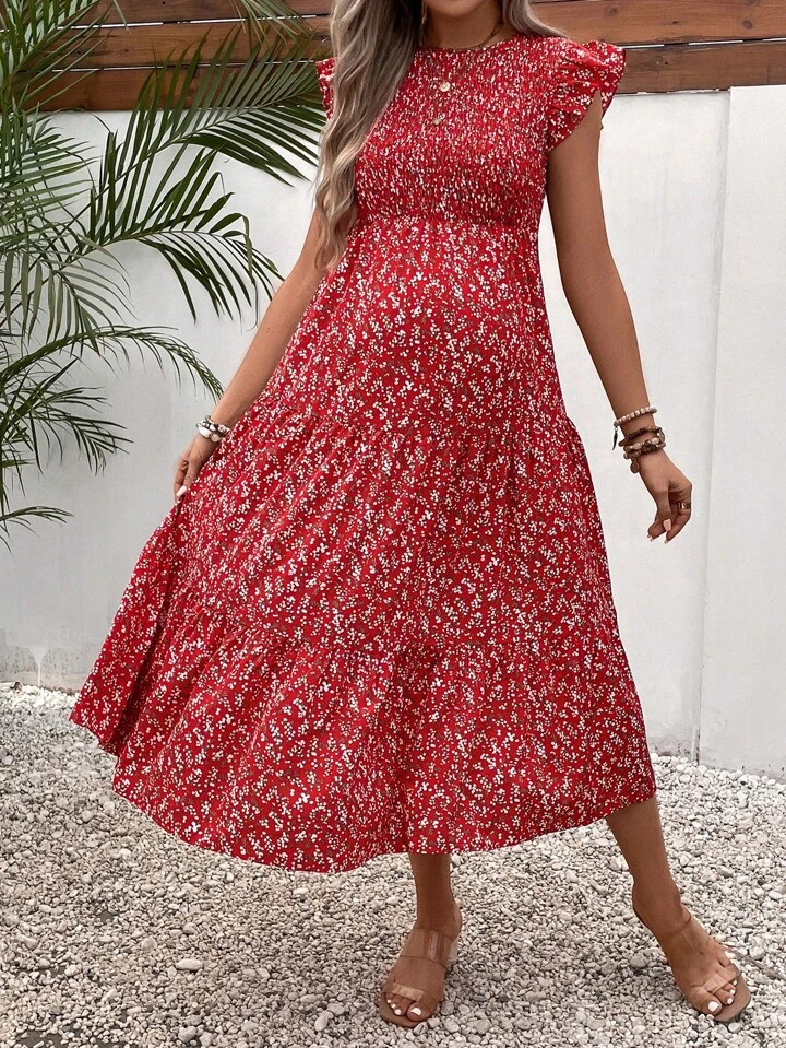 SHEIN Maternity Ditsy Floral Print Ruffle Hem Dress | SHEIN