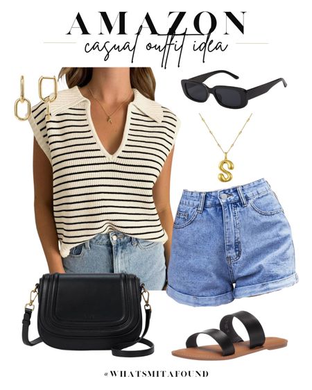 Amazon outfit idea, casual outfit idea, summer outfit idea, knit tank, knit top, collared knit top, sweater tank, collared sweater tank, striped sweater tank, denim shorts, high waisted denim shorts, rolled hem denim shorts, light wash denim shorts, black purse, crossbody purse, designer inspired purse, black sandals, slide sandals, summer sandals, black sunglasses, trendy sunglasses, bubble initial necklace, gold necklace, paper clip earrings, gold earrings 

#LTKShoeCrush #LTKItBag #LTKFindsUnder50