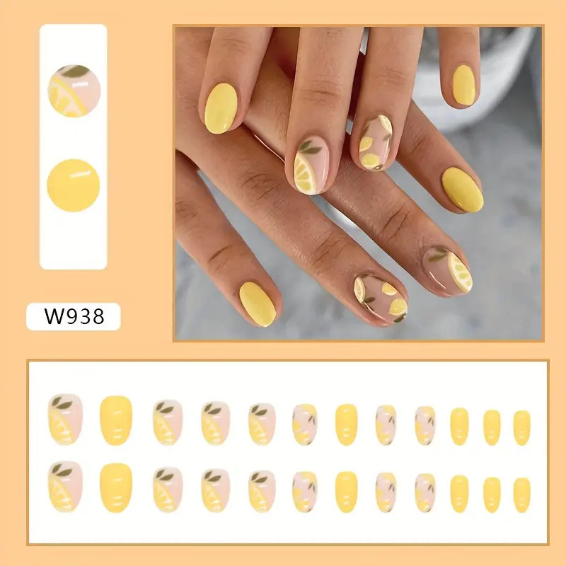 Short Oval Shaped   Nail Yellow Lemon Pattern Summer Full - Temu | Temu Affiliate Program
