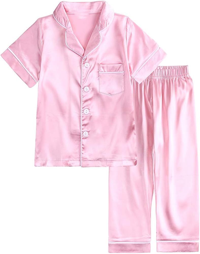 MYGBCPJS 2 Piece Kids Satin Pajamas Set Button-Down Sleepwear Loungewear PJS Shorts Sleeve Tops +... | Amazon (US)