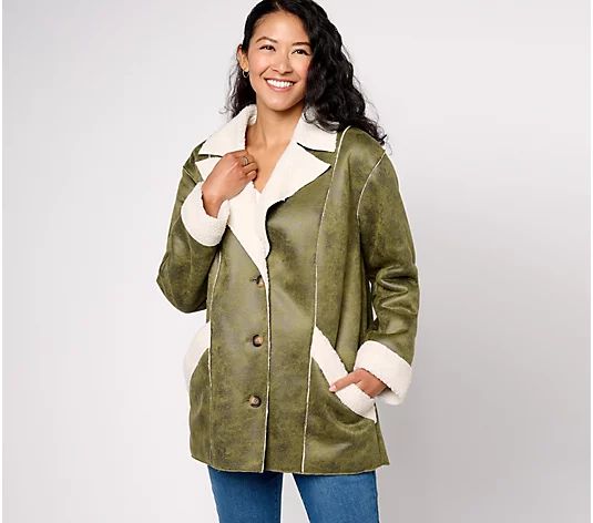 Canyon Retreat Sherpa/Faux Suede Combo Jacket with Patch Pockets - QVC.com | QVC