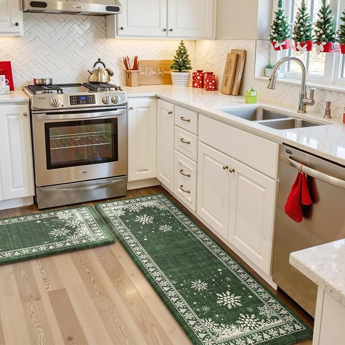 LEEVAN Christmas Kitchen Mat Non Slip, Cushioned Snowflake Kitchen Rug Set of 2, Green Christmas ... | Amazon (US)
