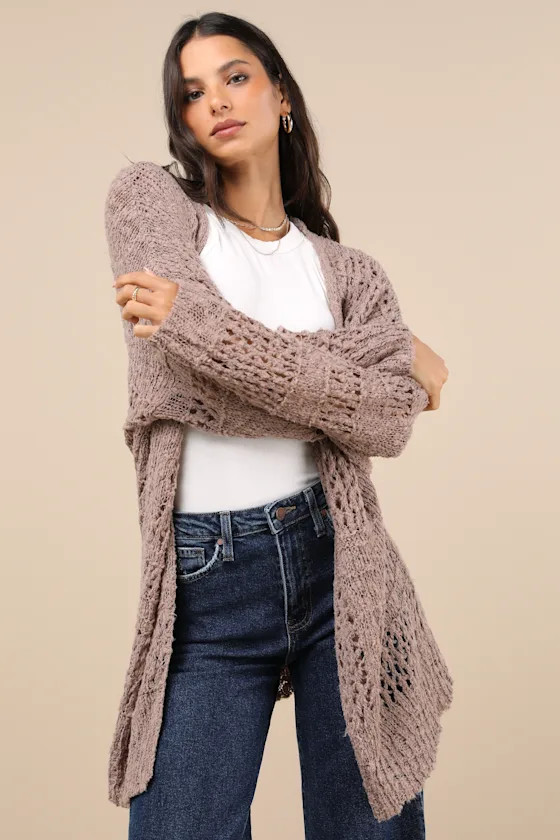 Crochet it Ain't So Taupe Oversized Cardigan Sweater | Lulus