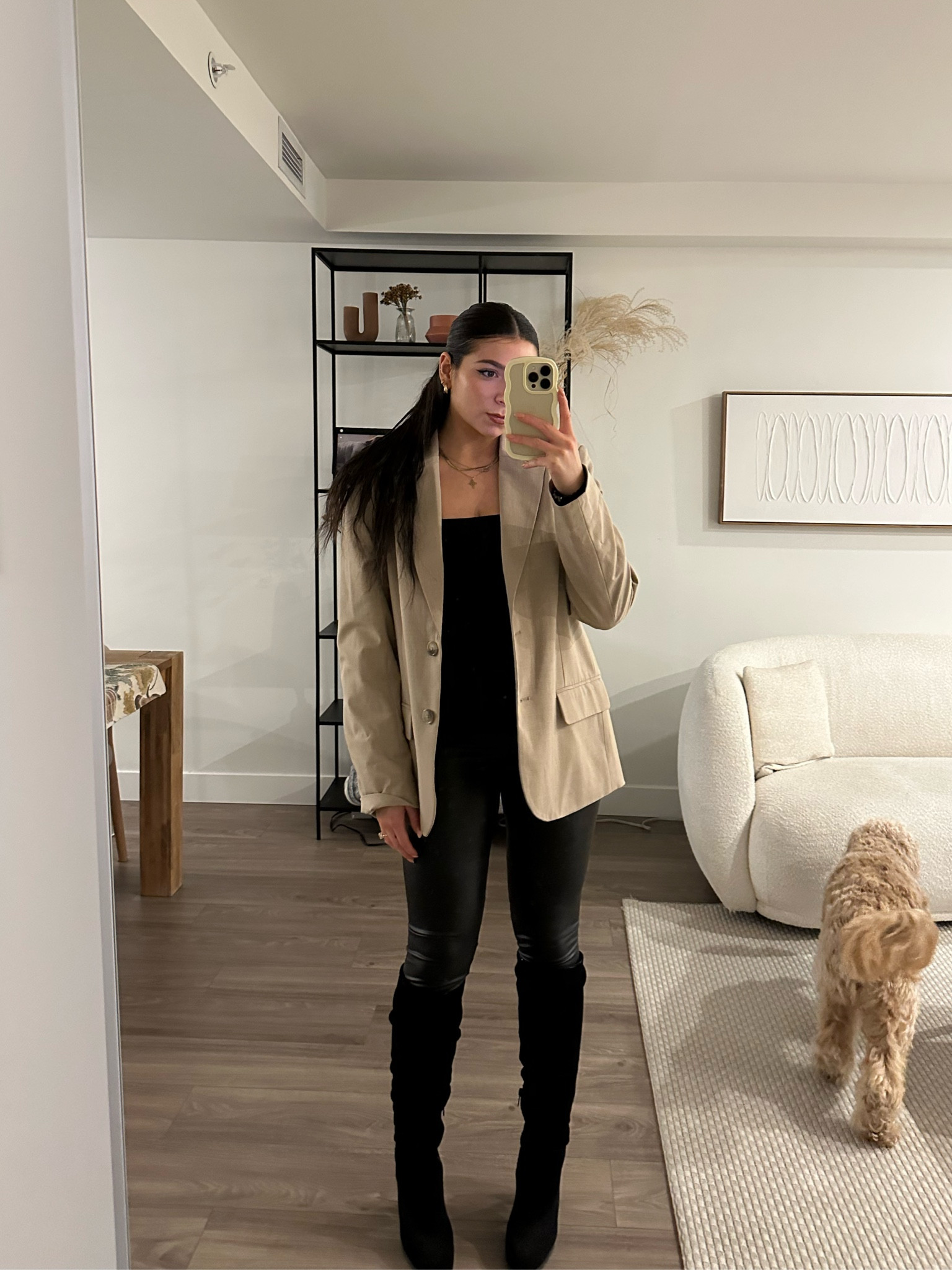 Blazer: oak and fort 
Tube top: Abercrombie “crepe set top"
Leather leggings: aerie (old)
Boots: aldo (old)