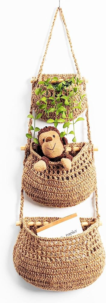 Hanging Fruit Basket, 3 Tier Woven Jute Wall Hanging Basket for Organizing, Hanging Produce Baske... | Amazon (US)