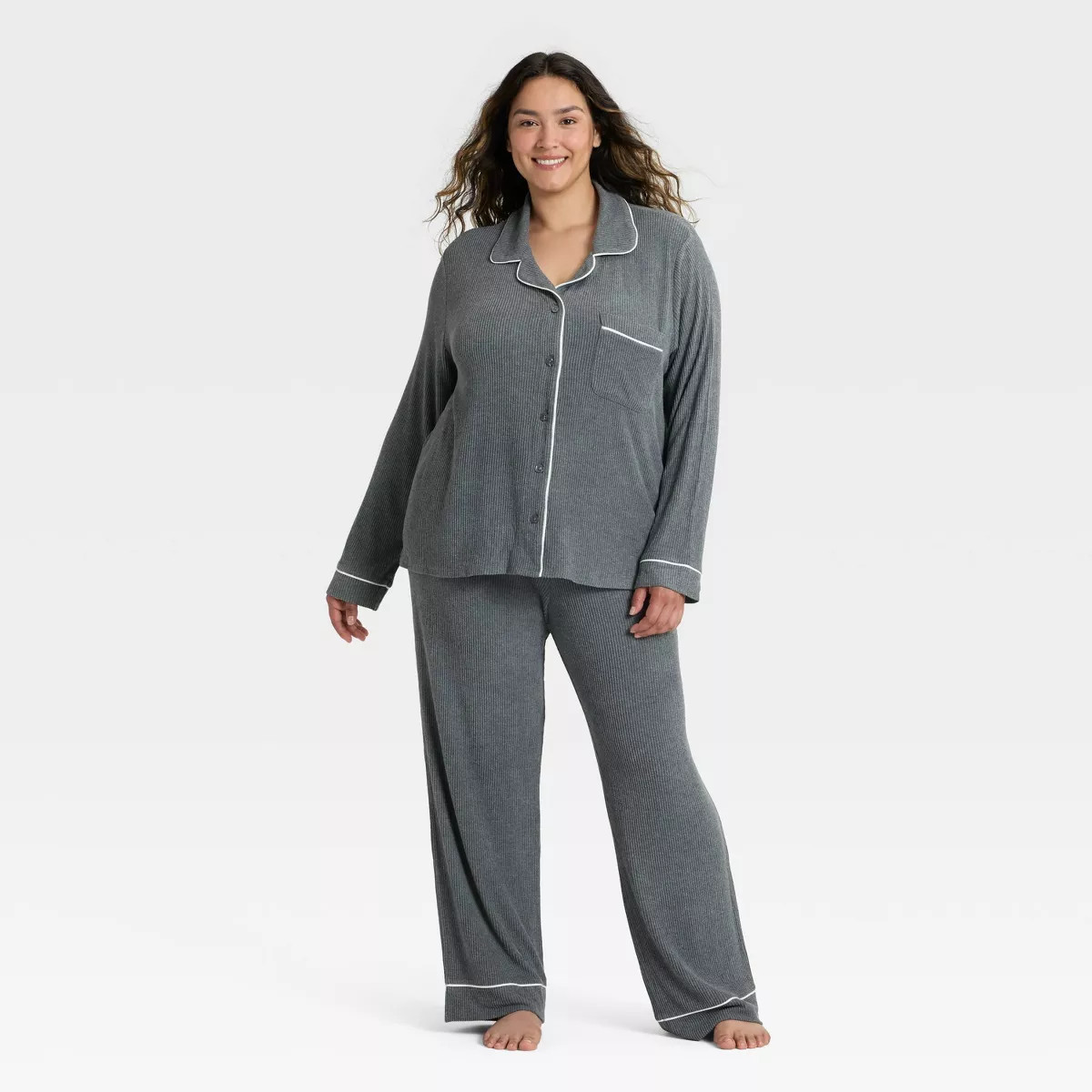 Women's Cozy Ribbed Notch Collar Long Sleeve Shirt and Pants Pajama Set - Auden™ | Target