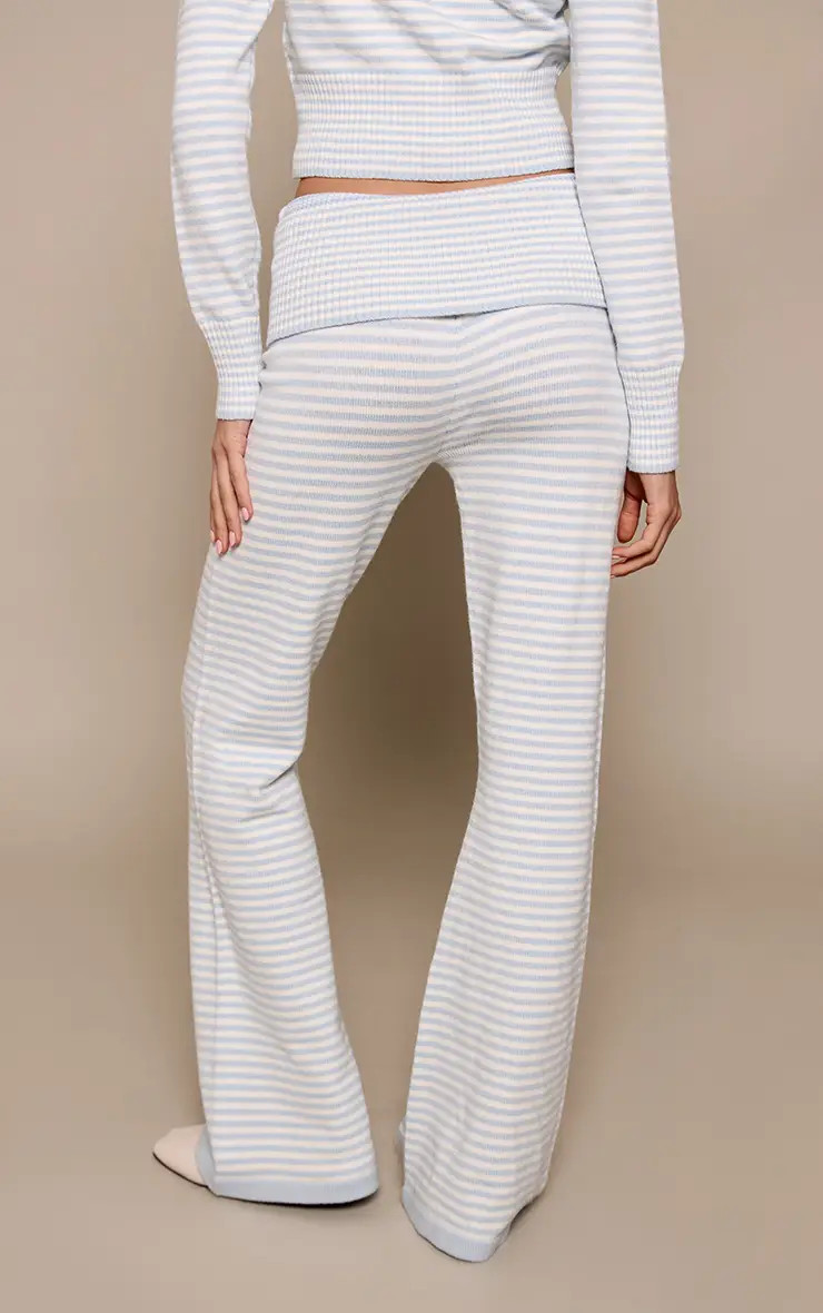 Baby Blue Striped Foldover Knitted Trousers | PrettyLittleThing | PrettyLittleThing UK