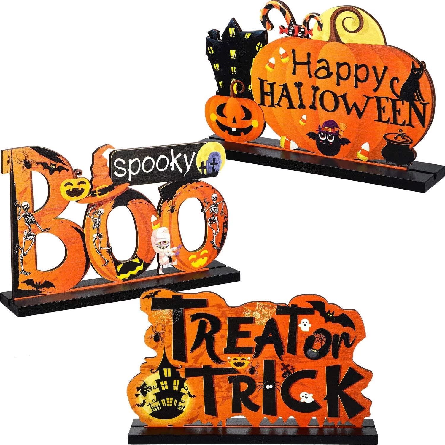 LONGRV 3Pcs Happy Halloween Table Decorations,Orange Pumpkin Table Centerpieces Boo Sign Wood Can... | Walmart (US)