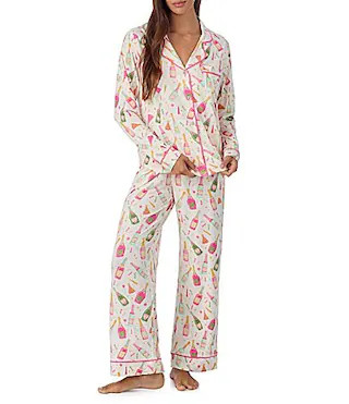 Room Service Champagne Print Long Sleeve Notch Collar Knit Long Pajama Set - L | Dillard's