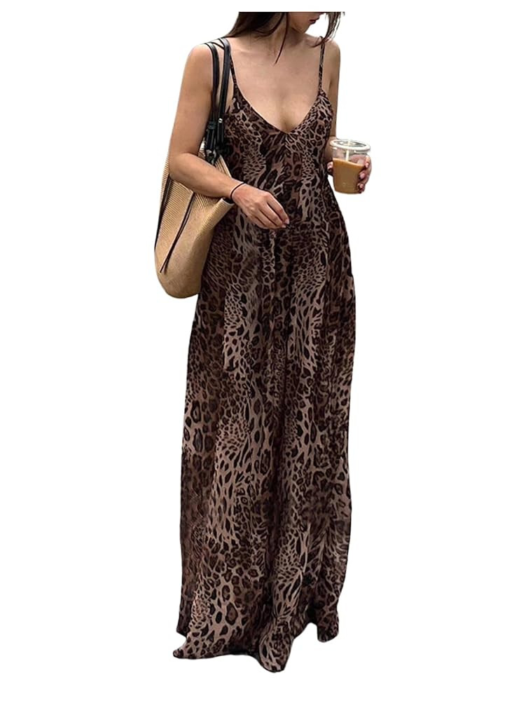 SOLY HUX Women's Leopard Print Maxi Dress Sleeveless V Neck Sundresses Vintage Flowy Cami Dresses | Amazon (US)