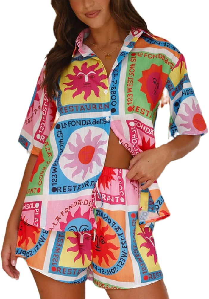 Juakoso Women Boho Short Sleeve Pajamas Graphic Print Button Down Lounge Sets Shirts Shorts Outfi... | Amazon (US)