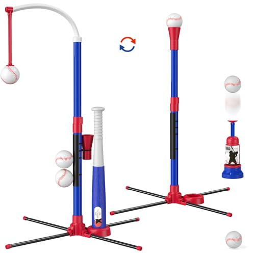 HYES 3-in-1 Baseball Set for Kids 3-5 - Tee Ball Stand, Hanging Tee, Ball Launcher and 6 Softballs - Adjustable Height, Indoor/Outdoor Sport Gifts for Boys, Blue | Amazon (US)