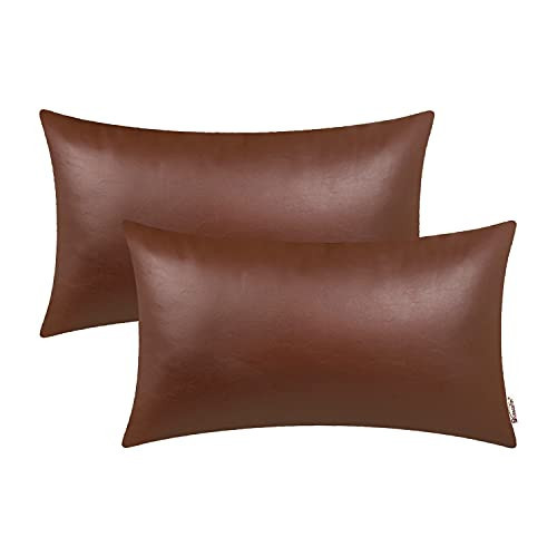 BRAWARM Faux Leather Throw Pillow Covers 12 X 20 Inches - Brown Leather Lumbar Pilow Covers Pack of 2, Solid Dyed Leather Pillowcases for Couch Bed Sofa Garden Home Decorative | Amazon (US)