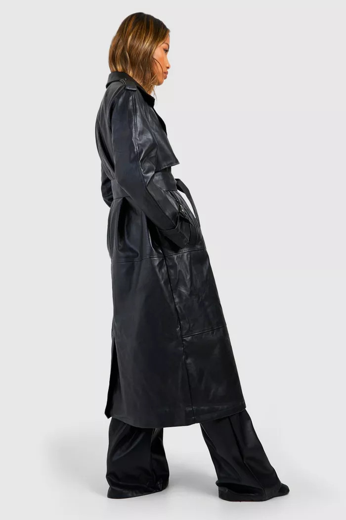 Double Breast Faux Leather Maxi Trench Coat | boohoo (US & Canada)