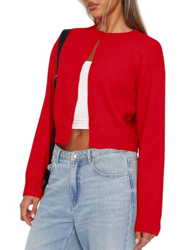 Balimtoy Women Y2K Button Down Crop Sweater Cardigans Cute Long Sleeve Crew Neck Coquette Cardigan Tops Streetwear Red S | Amazon (US)