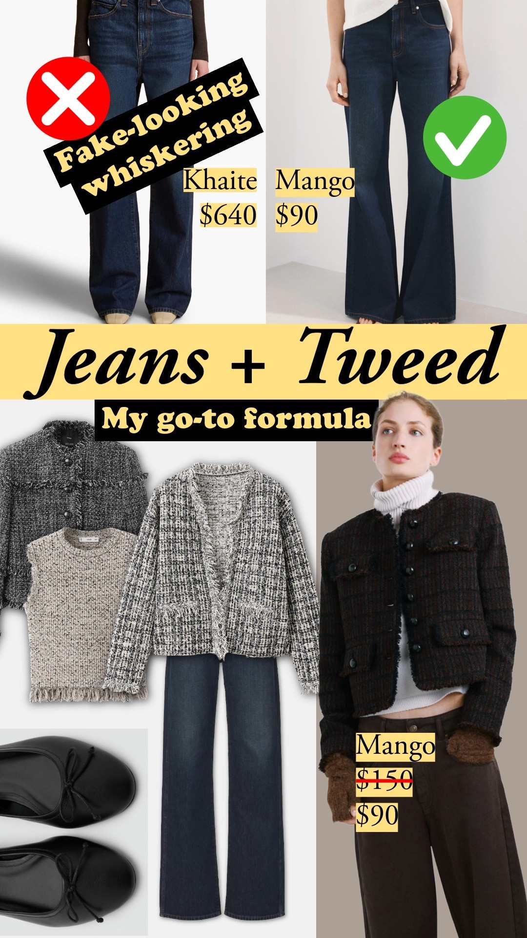 Mango's dark wash jeans have more natural-looking whiskering than Khaite at $640. Jeans are true to size. I wear a 26 in Frame, AYR, and Agolde, and Mango’s 4 is perfect for me. Note their fabrics are thinner than Agolde, AYR, etc. Their tweed jackets I picked have a composition that serves the design – skip the acrylic-heavy versions elsewhere that pill and matte over time. | Mango jeans, dark wash flared jeans, tweed jacket, Mango tweed, spring outfit formula, jeans and tweed, cropped tweed jacket, wide leg jeans, affordable luxury denim, cotton tweed blazer


#LTKootd