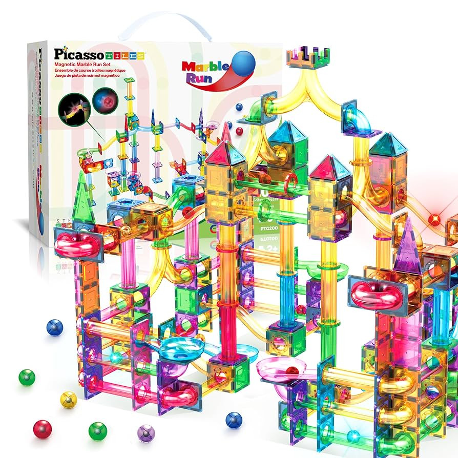PicassoTiles 200pc Magnetic Marble Run Tiles Toy STEM Educational Race Track with Light Up Marble... | Amazon (US)