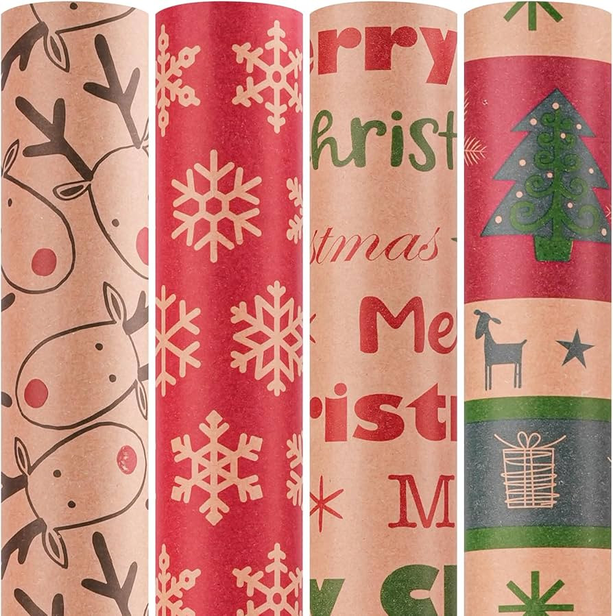 Happypapa Christmas Wrapping Paper, Kraft Xmas Wrapping Paper Rolls - Snowflakes, Reindeer, Gift ... | Amazon (US)