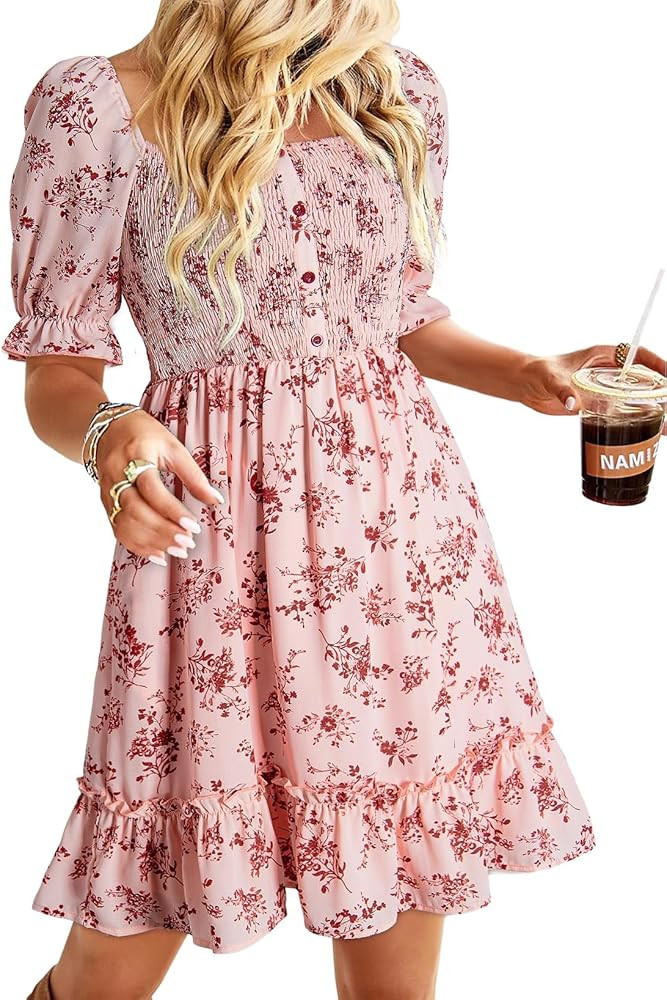 Dokotoo Womens Casual Summer Dresses Short Sleeve Square Neck Smocked Boho Floral Sundress Flowy ... | Amazon (US)