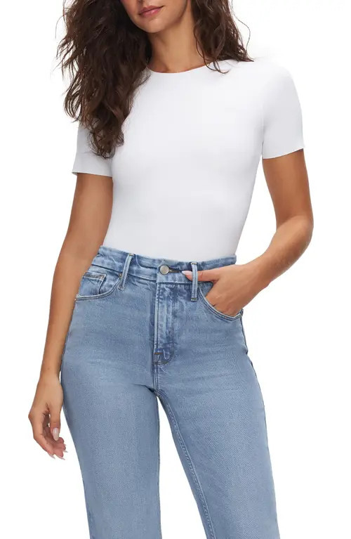Good American Scuba Knit Short Sleeve Shaper Bodysuit in White001 at Nordstrom, Size Small | Nordstrom