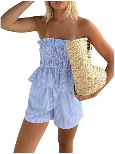 Women 2 Piece Outfits Ruffle Stripe Shorts Set 2026 Summer Off Shoulder Smocked Crop Top Mini Sho... | Amazon (US)