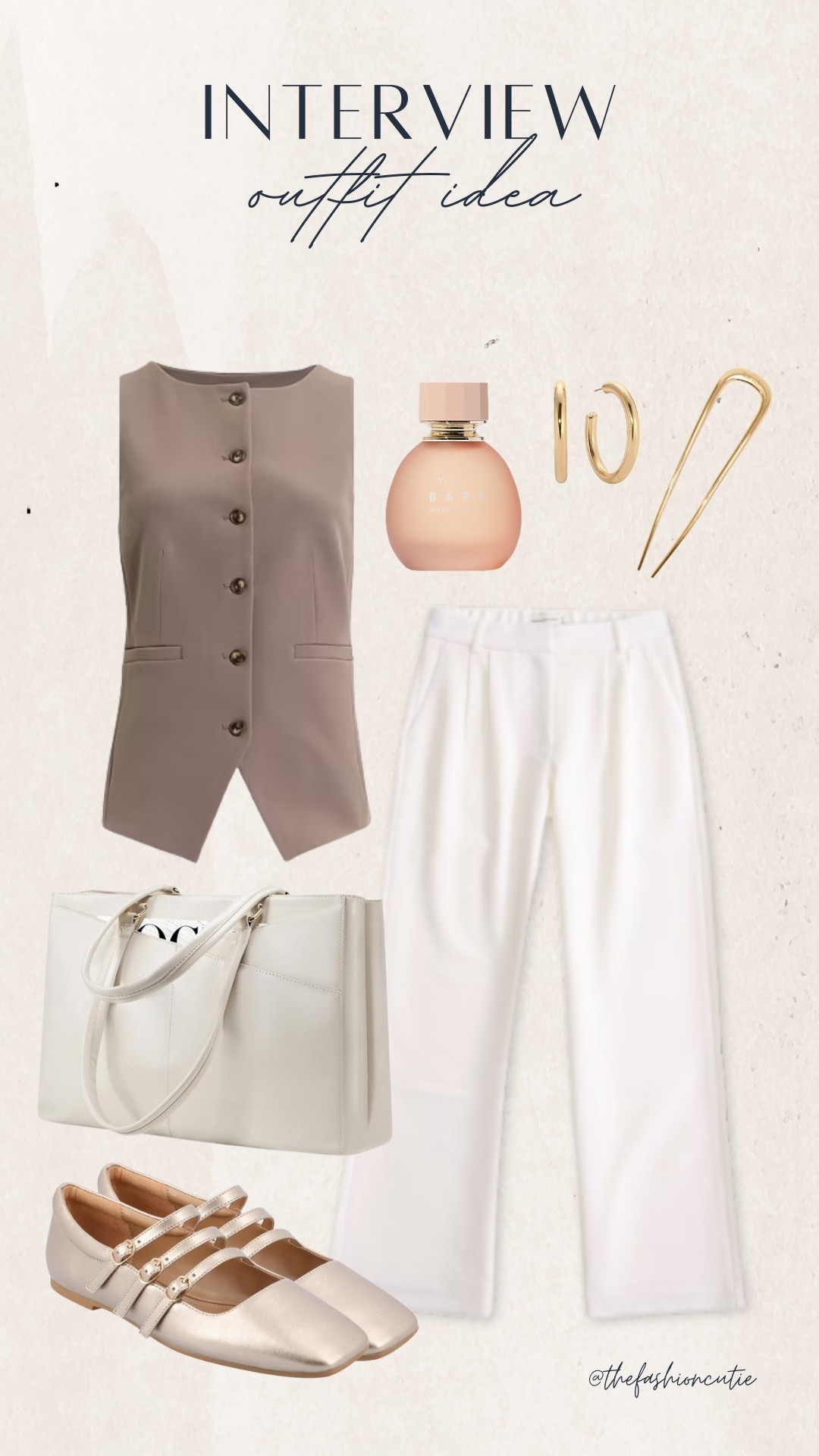 Professional but not boring. This elevated neutral outfit pairs a structured vest top with tailored white trousers and satin ballet flats. Add in minimal gold jewelry, a sleek work tote, and a soft floral perfume for that polished, confident interview vibe.

#LTKFindsUnder50 #LTKShoeCrush #LTKStyleTip