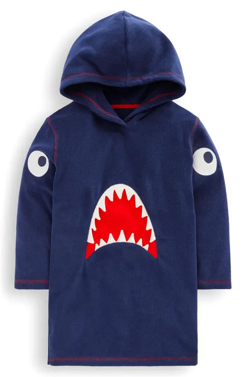 Mini Boden Kids' Shark Appliqué Terry Cover-Up Hoodie in Navy Sharks at Nordstrom, Size 6-7Y | Nordstrom