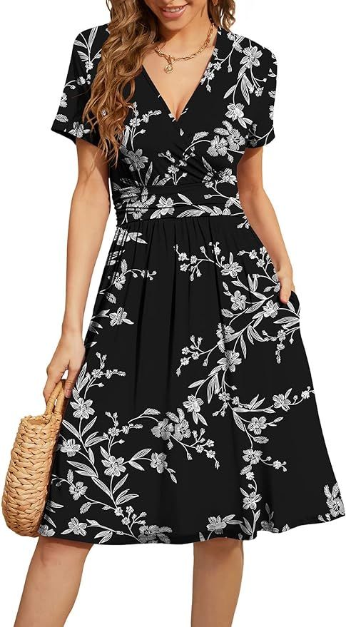 WEACZZY Women's Summer Short Sleeve Casual Dresses V-Neck Floral Party Dress with Pockets | Amazon (US)