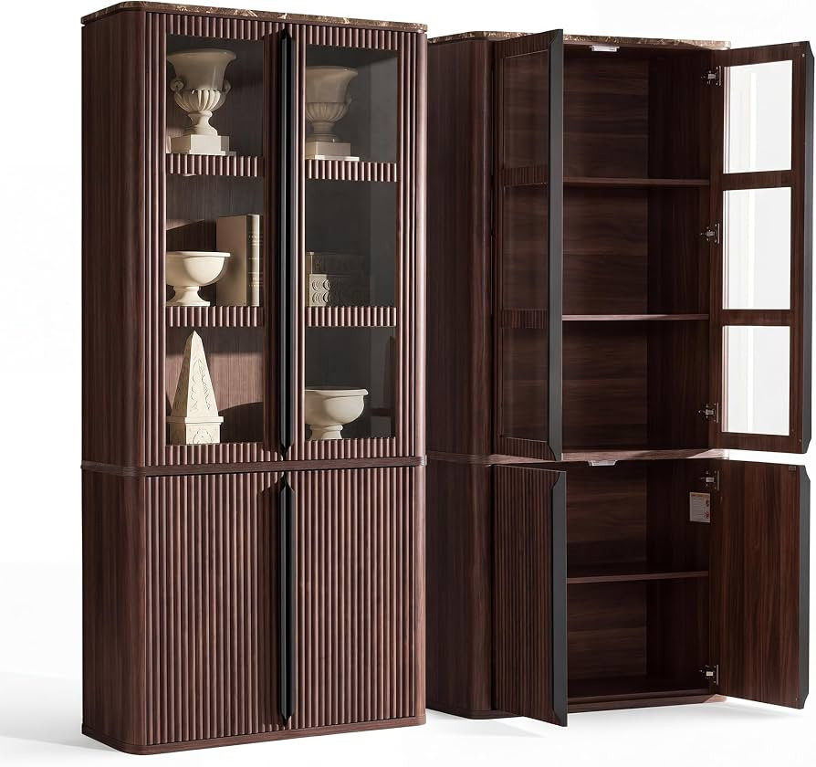 77" Tall Storage Cabinet - Fluted Pantry Cabinets with Glass Doors, Wooden Kitchen Food Cupboard,... | Amazon (US)