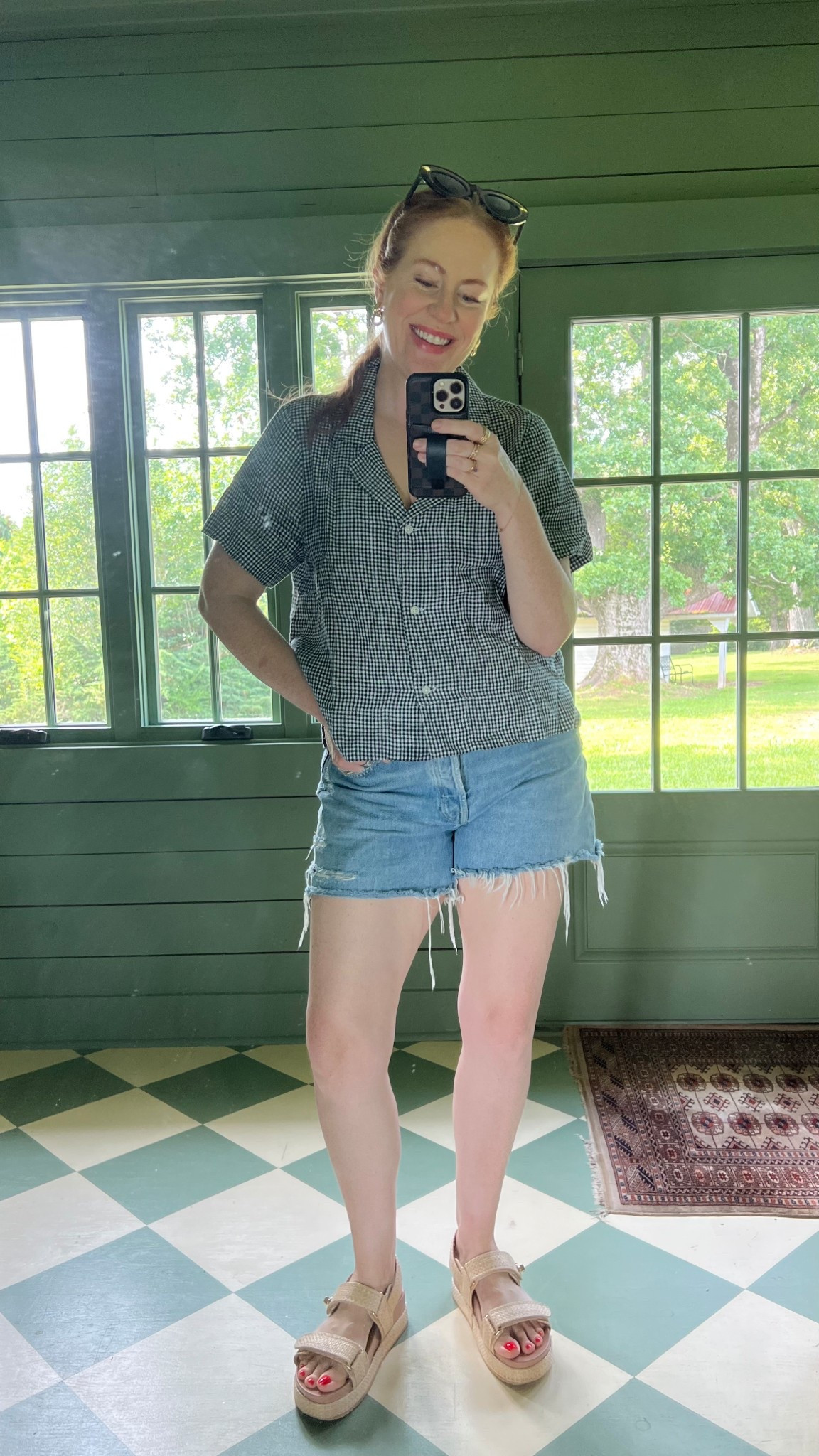 gingham top and cut offs with platform sandals. med in top, 29 in shorts, sandals tts and sooo comfy!