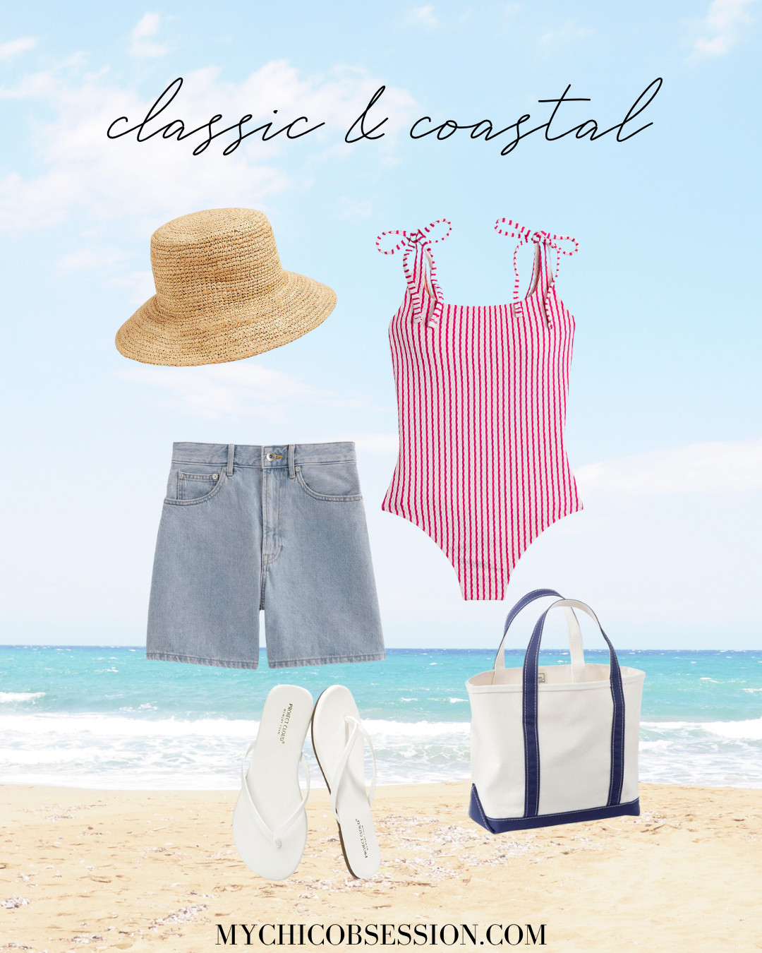 Go for a classic coastal look this summer with a striped red and white swimsuit, a straw hat, denim shorts, a canvas tote bag, and white flip flops. 

 #LTKSeasonal #LTKStyleTip #LTKSwim