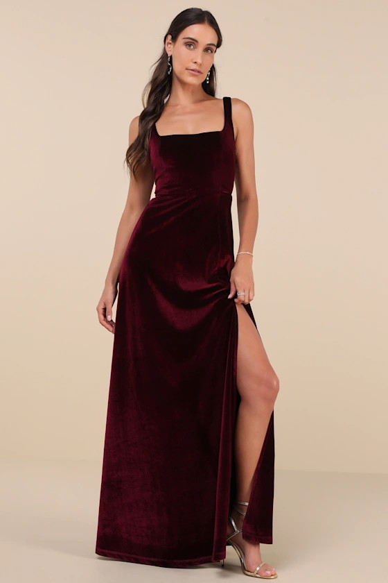 Graceful Invite Dark Plum Velvet Square Neck Lace-Up Maxi Dress | Lulus
