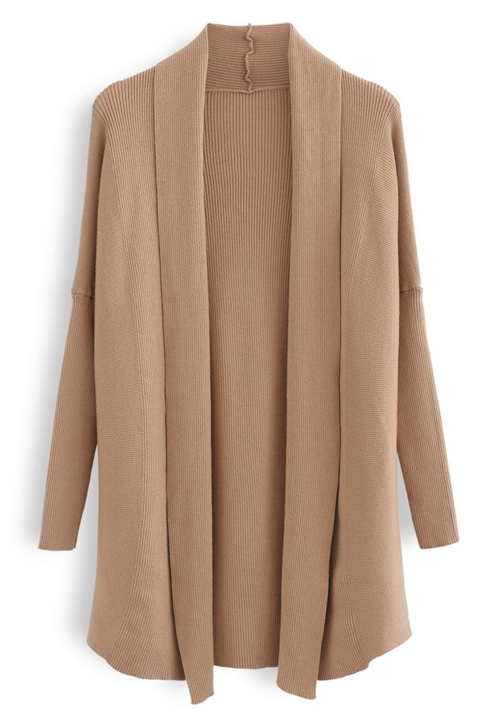 Basic Rib Knit Drape Neck Cardigan in Caramel | Chicwish