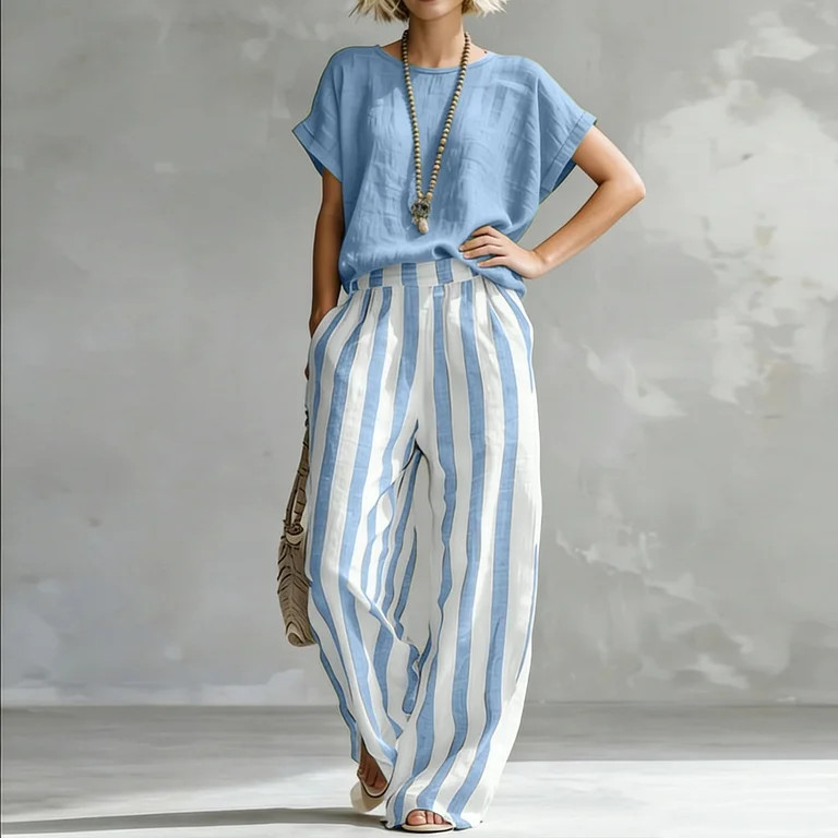 Women's Color Striped Cotton Linen Two Piece Set Casual Loose Outfit with Convenient Pockets for ... | Walmart (US)