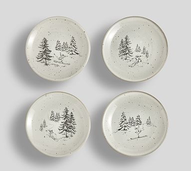 Rustic Forest Skier Stoneware Appetizer Plates - Mixed Set of 4 | Pottery Barn (US)